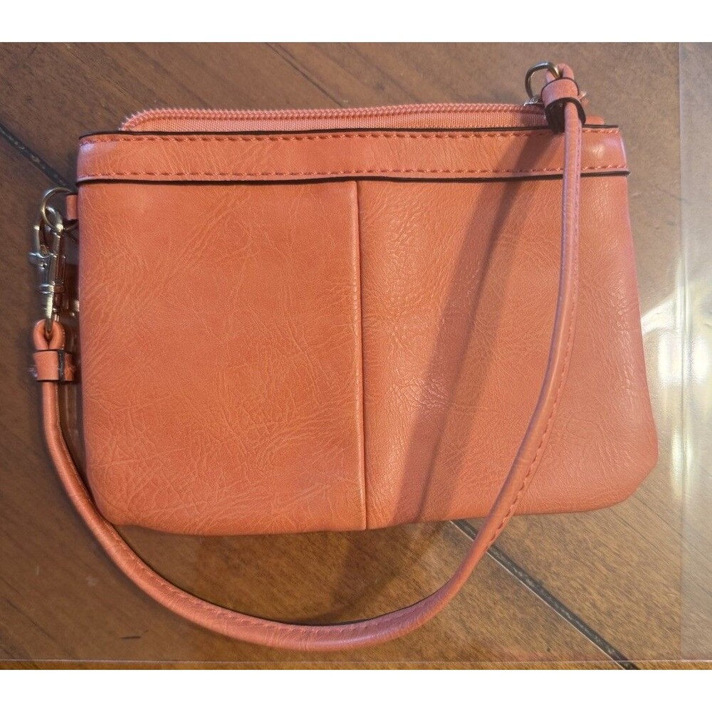 Black Rivet Coral/Orange Wristlet Zipper 6.5”X4.5” Purse Hand Bag Very Good Cond